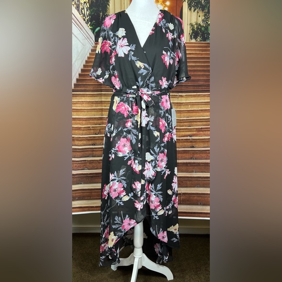 NWT Eliza J Black Floral Chiffon High Low V Neck Dress, faux wrap, split sleeve - Picture 6 of 11